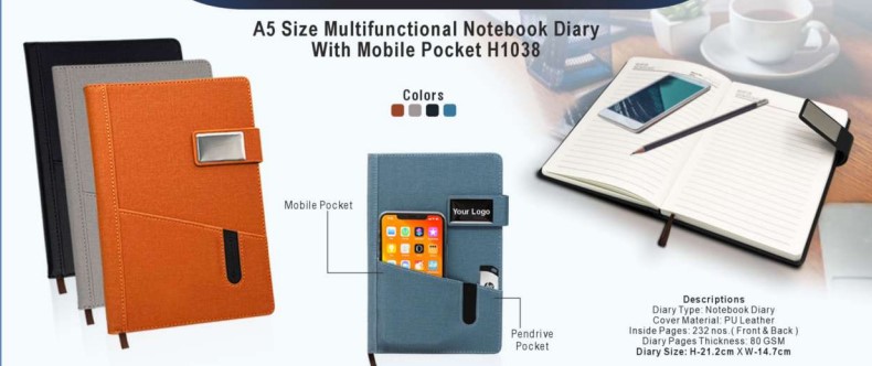 A5 Size Multifunctional Notebook Diary With Mobile Pocket H1038