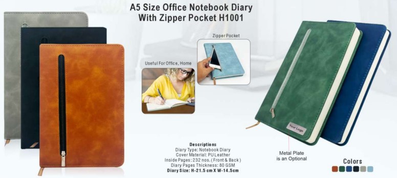 A5 Size Office Notebook Diary With Zipper Pocket H1001